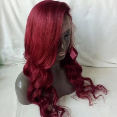 #530 red wine color big wave lace frontal human hair wigs